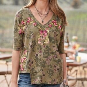 Sundance Green Embroidered Floral Uneven Hem Top Women's Size Large